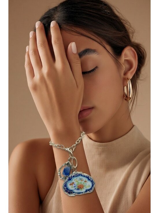 Hand Crafted Jewelry - Japanese Fine Bone China Bracelet | Asian Village & Lotus Flower Sodalite Charm